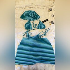 Fashion Nova Blue and Green Striped Bikini Set